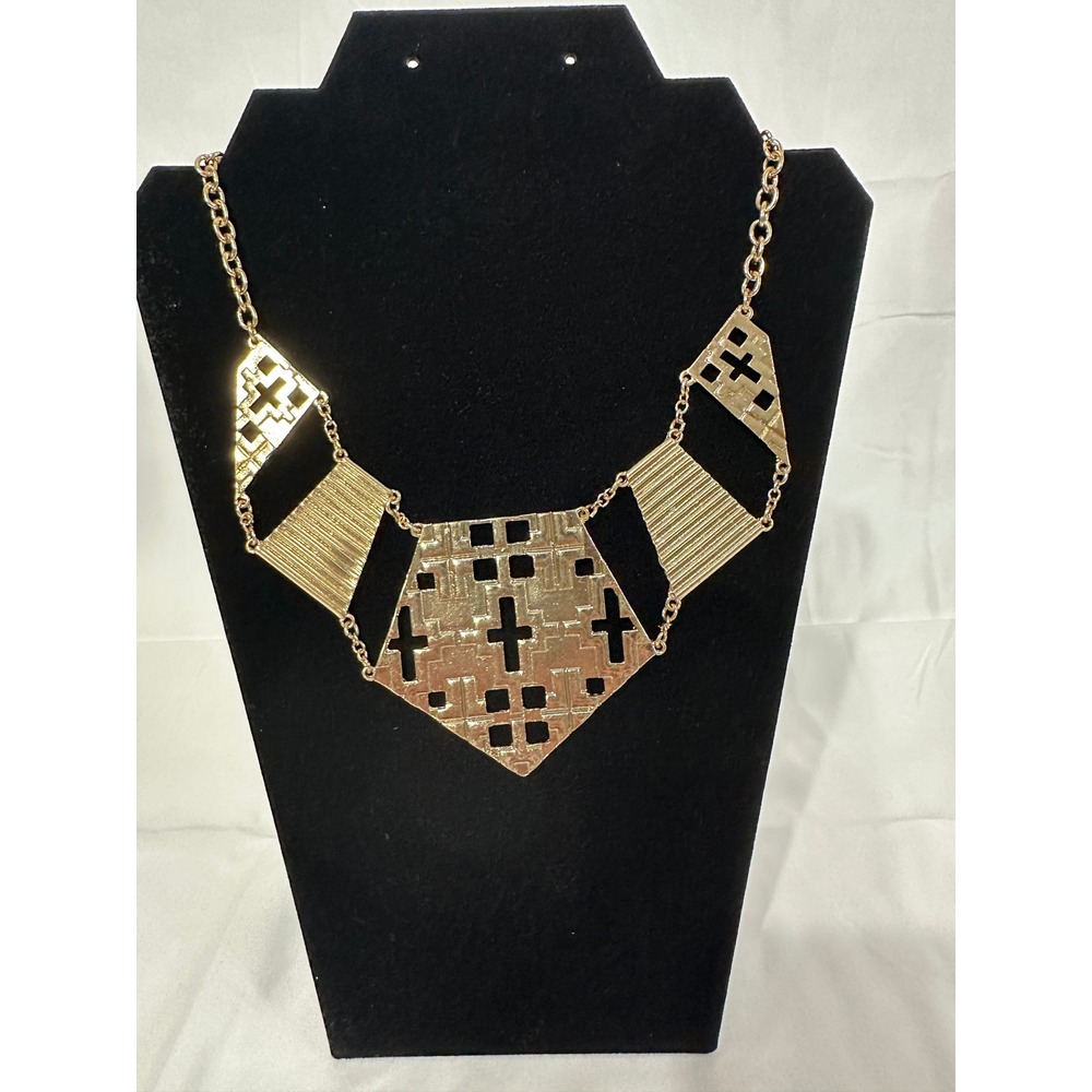 Gold Tone Geometric Cross‎ Bib Statement Necklace and Earring Set NE66069-001